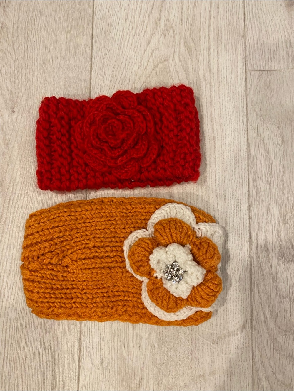 Knit Flower Headband Set - Red & Pumpkin color